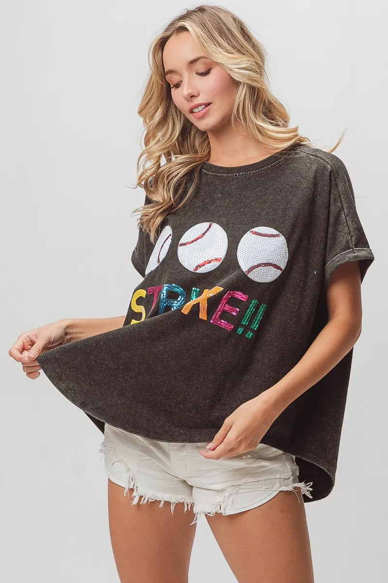 BiBi Sequin Baseballs Strike Washed Short Sleeve Top OutfitFlow