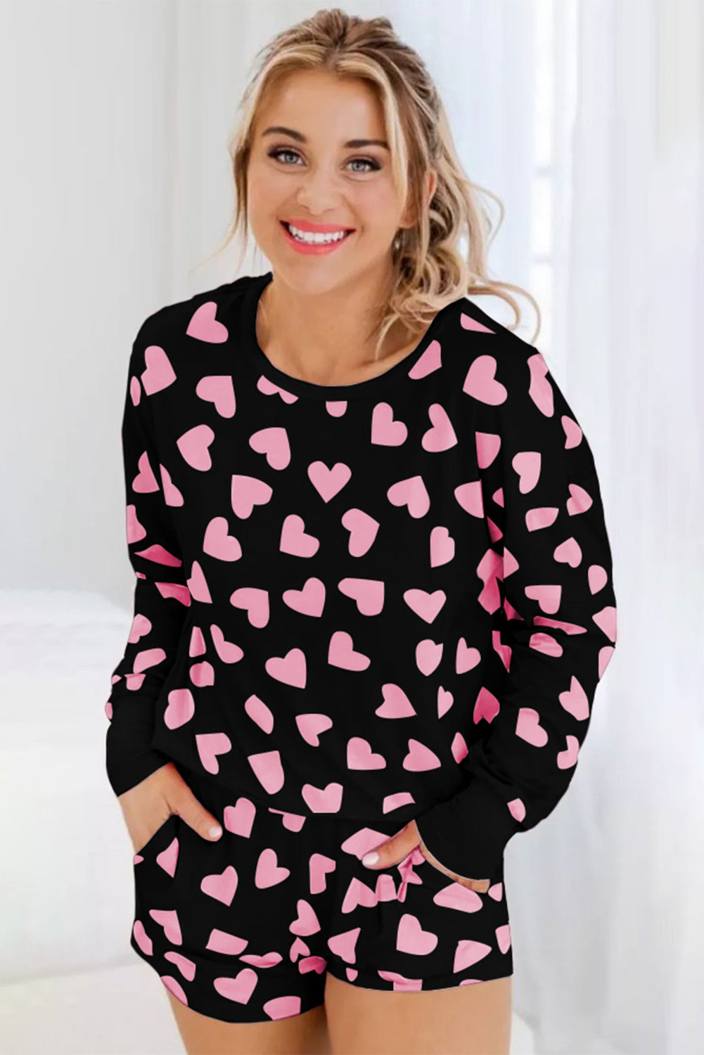 Outfit Flow - Heart Print Long Sleeve Top and Shorts Lounge Set