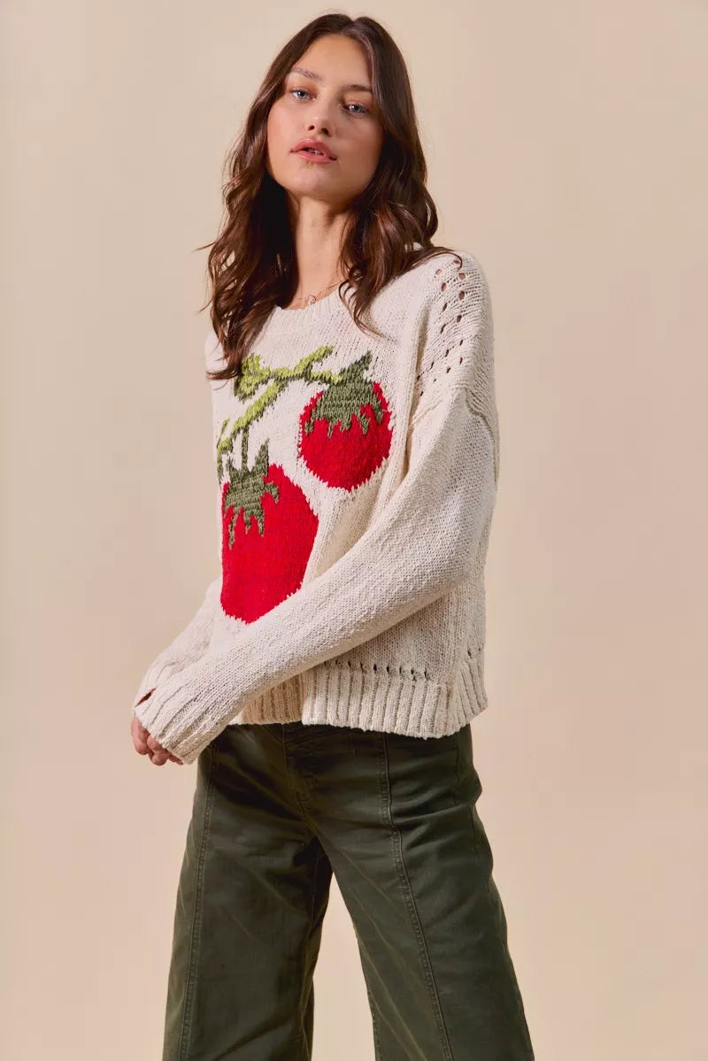 SO ME Vegetable Round Neck Long Sleeve Sweater OutfitFlow