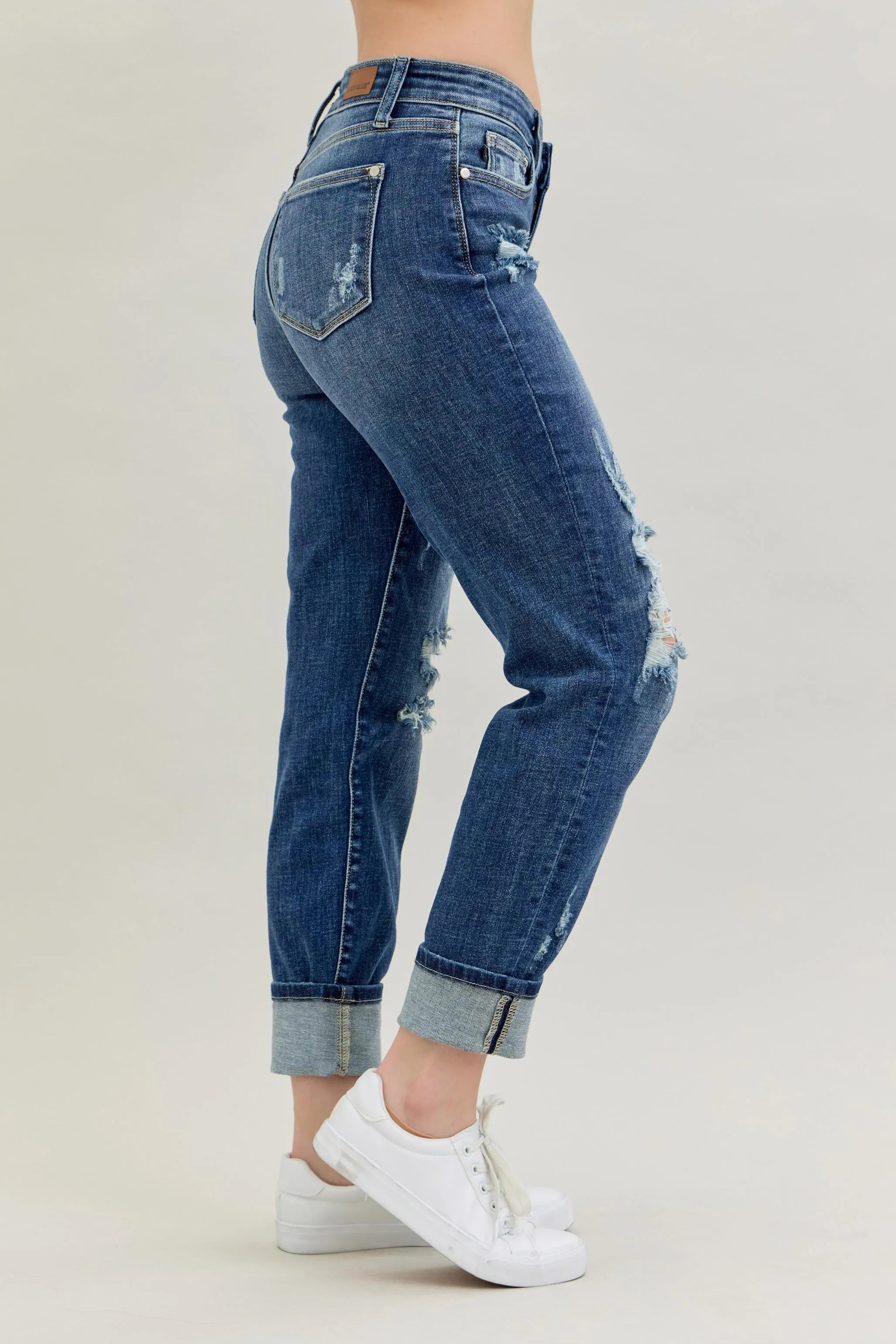 Judy Blue Full Size Mid Rise Cuffed Destroy Bf Jeans Plus Size OutfitFlow