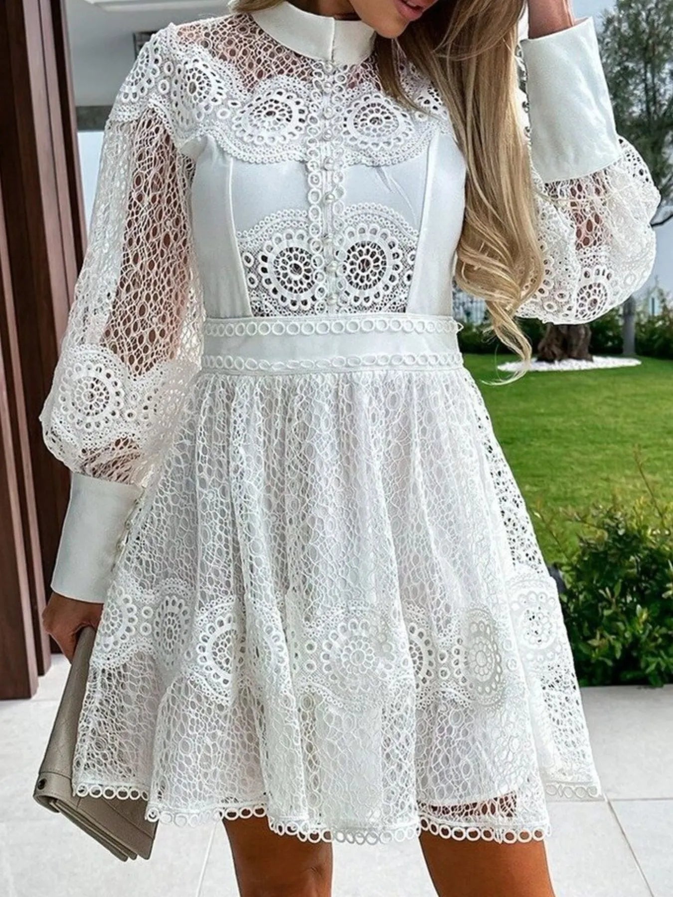 Lace Lantern Sleeve Mini Dress OutfitFlow