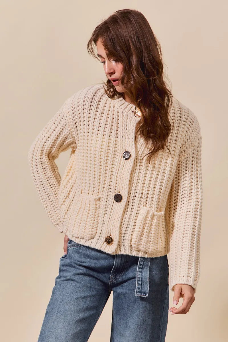 SO ME Metal Button Long Sleeve Chunky Sweater Cardigan OutfitFlow