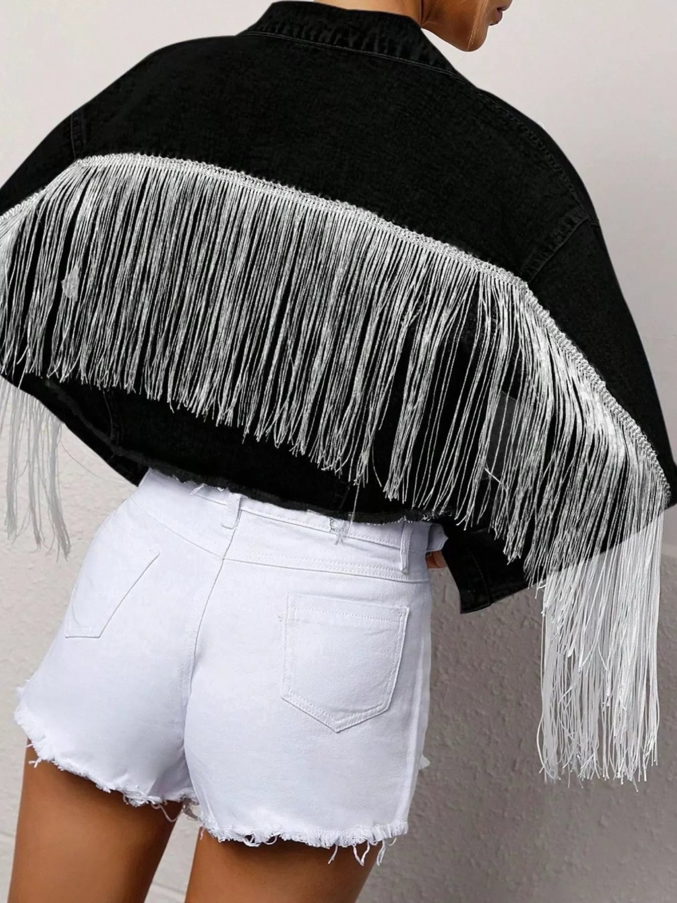 Fringe Button Up Cropped Denim Jacket OutfitFlow