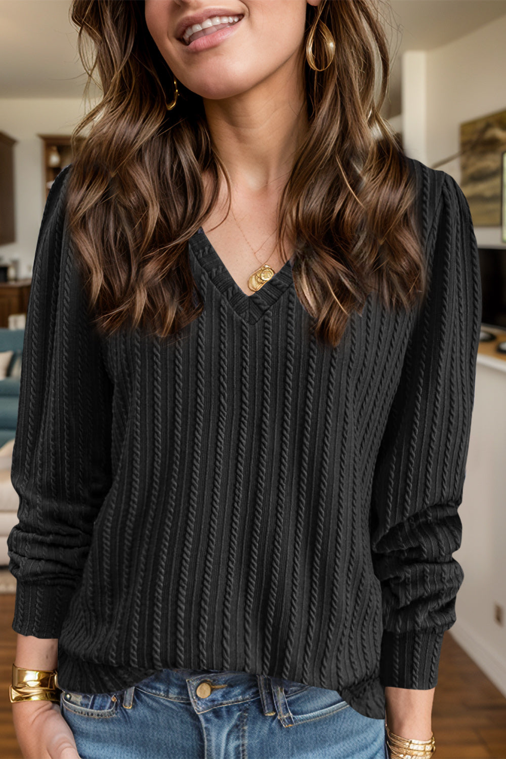 Outfit Flow - Textured V-Neck Long Sleeve T-Shirt