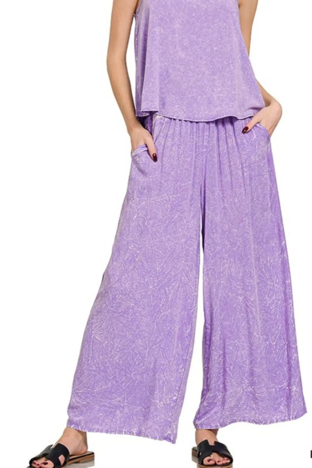 Zenana Woven Acid Crinkle Washed Cami & Pants 2 Piece Set OutfitFlow