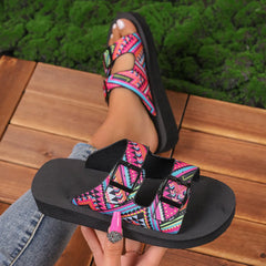 Ethnic Print Double Buckle Sandals Gray OutfitFlow