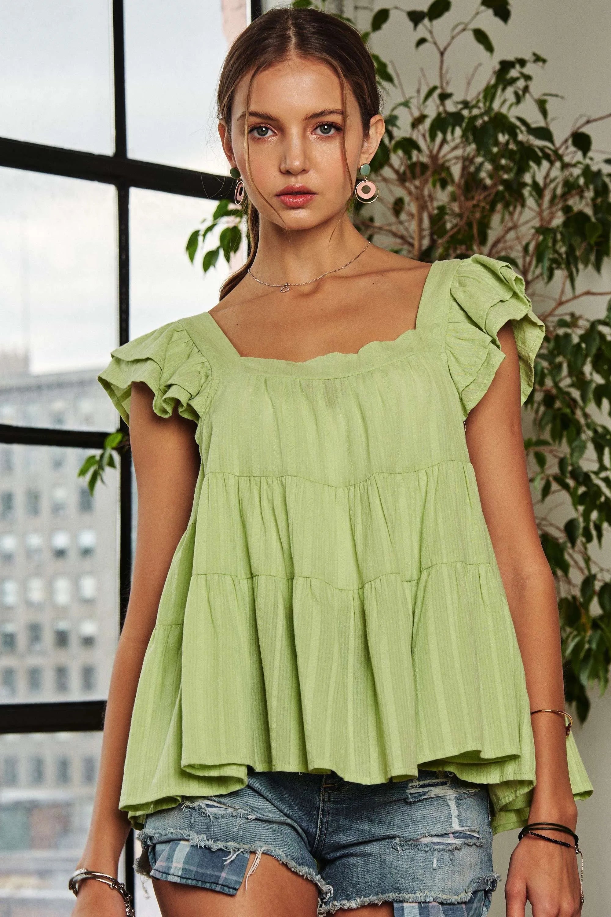 ADORA Ruffle Sleeve Babydoll Tunic Top OutfitFlow