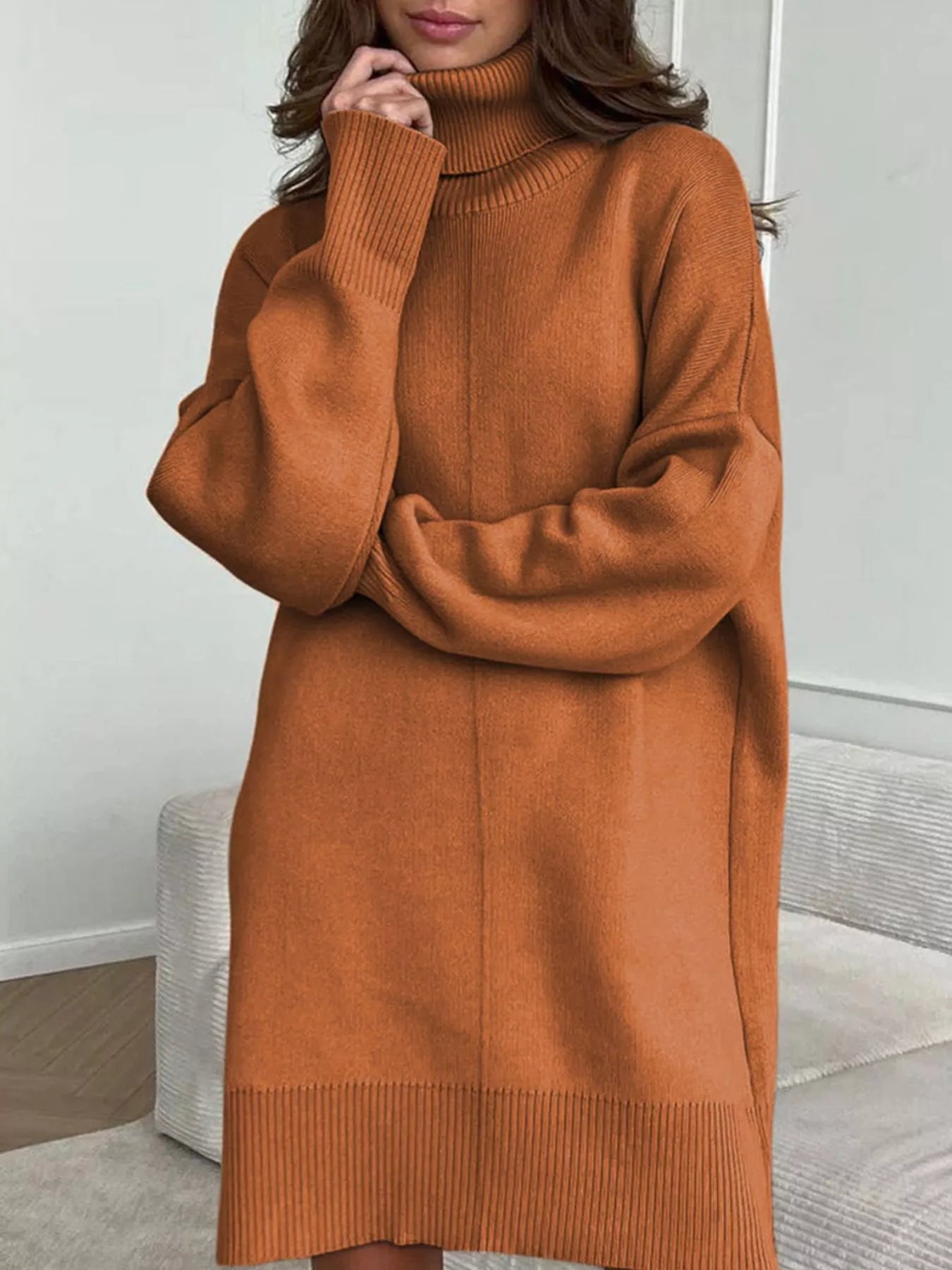 Solid Color Turtleneck Drop Shoulder Loose Sweater Dress OutfitFlow