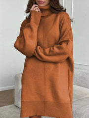 Solid Color Turtleneck Drop Shoulder Loose Sweater Dress OutfitFlow