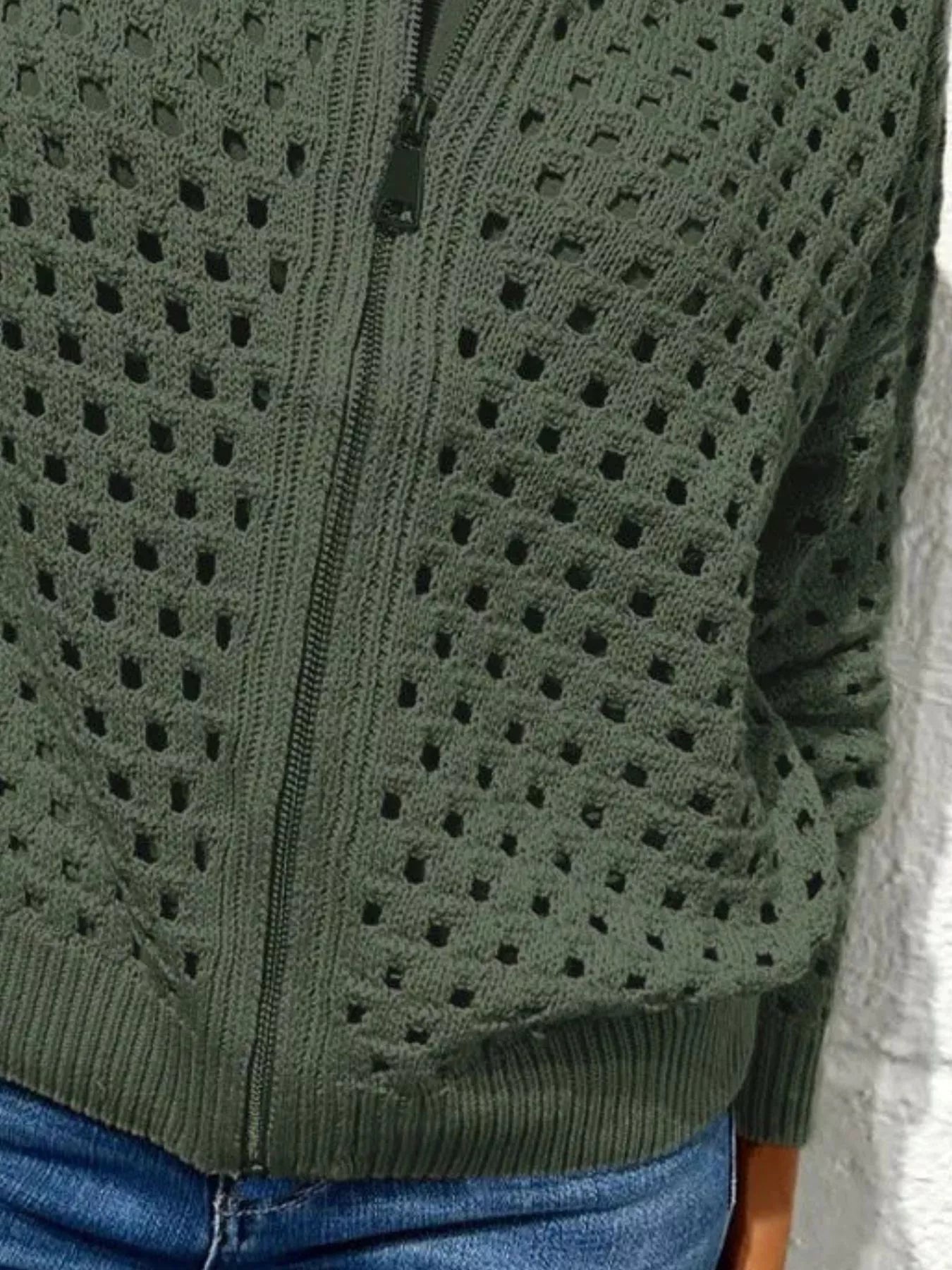 Full Size Zip Up Long Sleeve Cardigan with Eyelet Detail Plus Size OutfitFlow