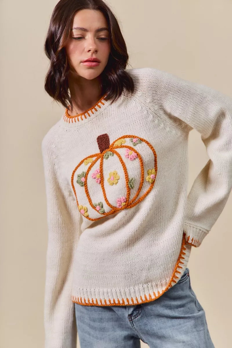 SO ME Pumpkin Floral Embroidered Thanksgiving Sweater OutfitFlow