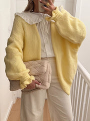 Open Front Ribbed Hem Cardigan Yellow OutfitFlow