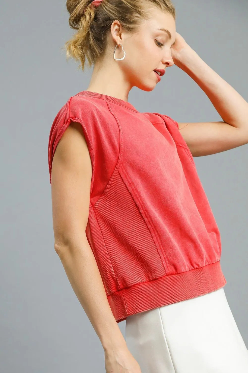 Umgee Round Neck Cap Sleeve Sweatshirt OutfitFlow