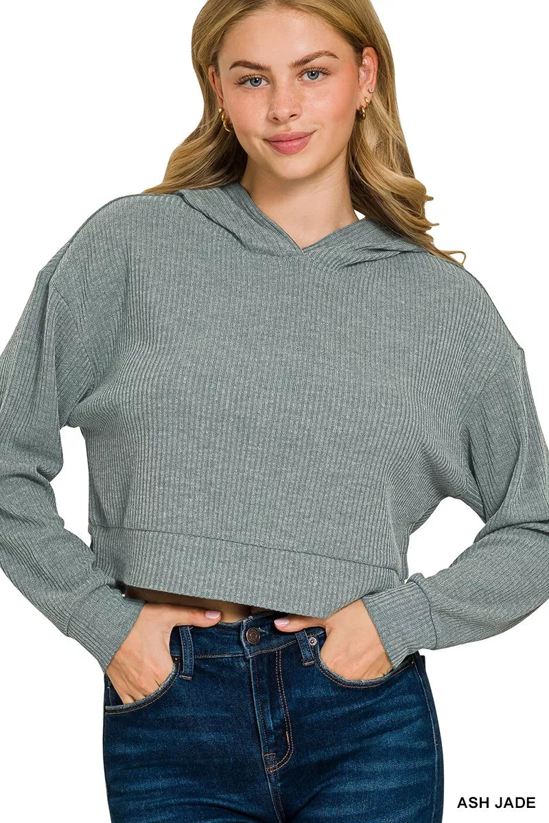 Zenana Drop Shoulder Ribbed Crop Hoodie ASH JADE OutfitFlow