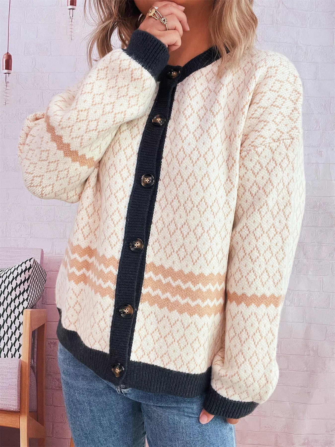 Geometric Pattern Button Up Cardigan OutfitFlow