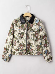 Floral Print Zip Up Contrast Collared Jacket OutfitFlow