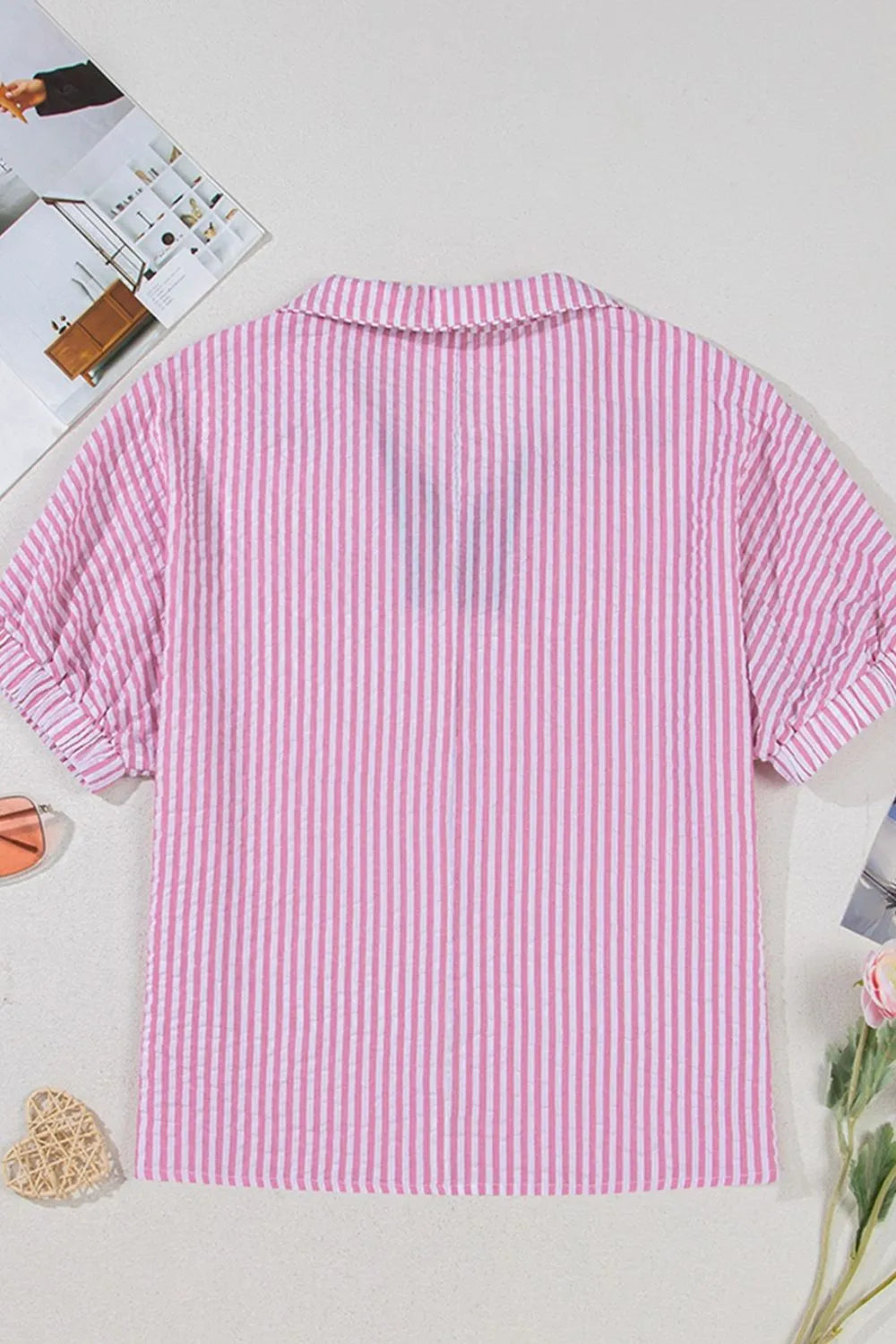 Striped Print Contrast Split Neck Dolman Sleeve Blouse OutfitFlow