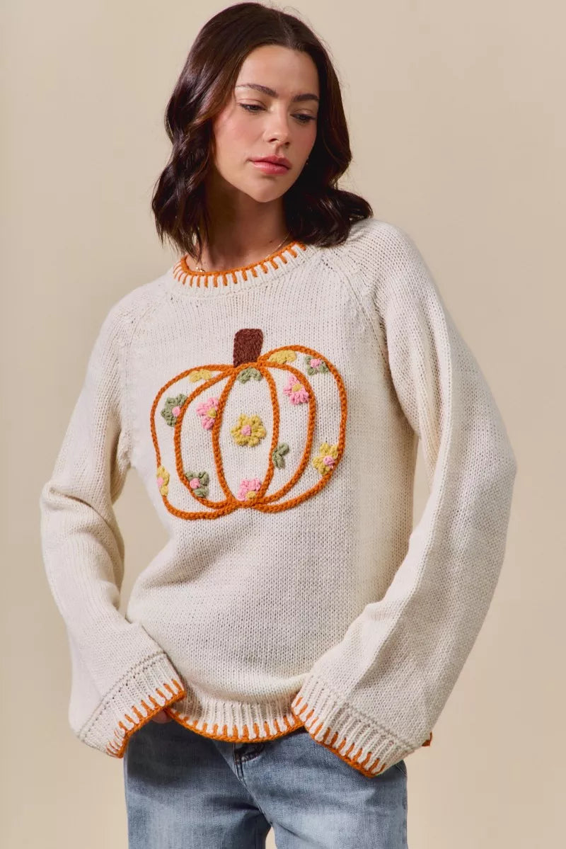 SO ME Pumpkin Floral Embroidered Thanksgiving Sweater OutfitFlow