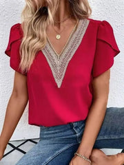V-Neck Petal Sleeve Blouse OutfitFlow