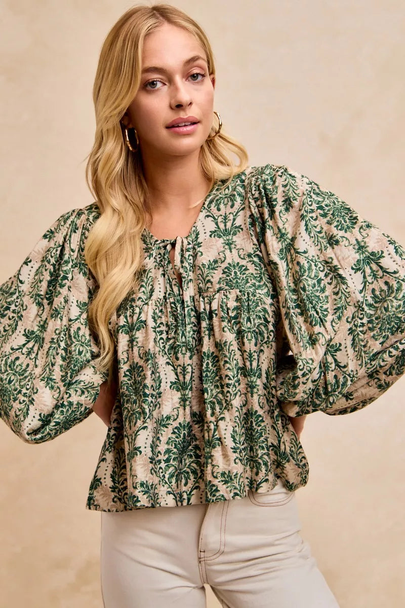 BiBi Printed Woven Front Tied Blouse with Baloon Sleeve OutfitFlow