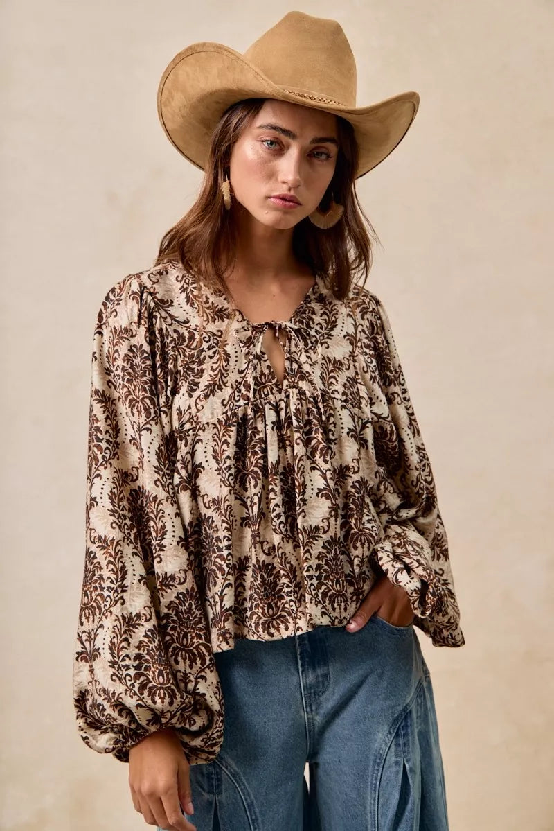 BiBi Printed Woven Front Tied Blouse with Baloon Sleeve TAN BROWN OutfitFlow