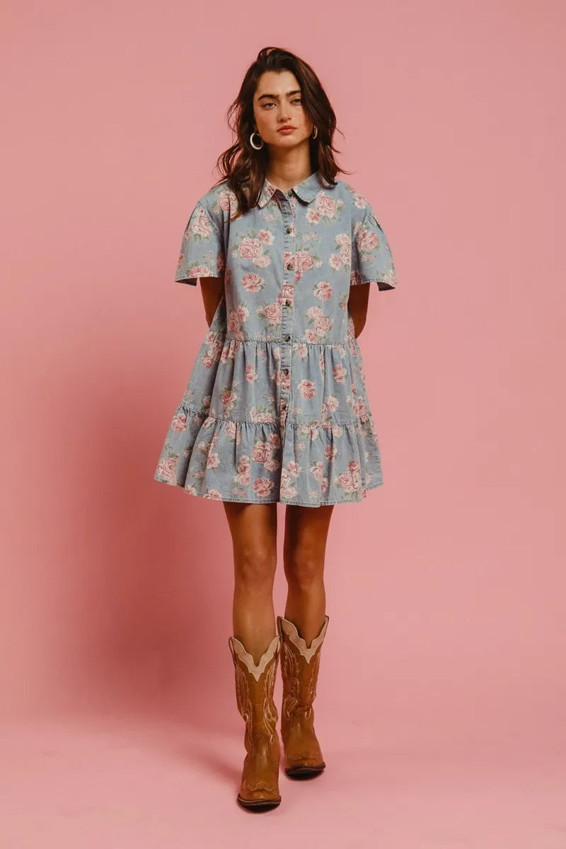 BiBi Floral Print Washed Lightweight Tiered Shirt Dress OutfitFlow