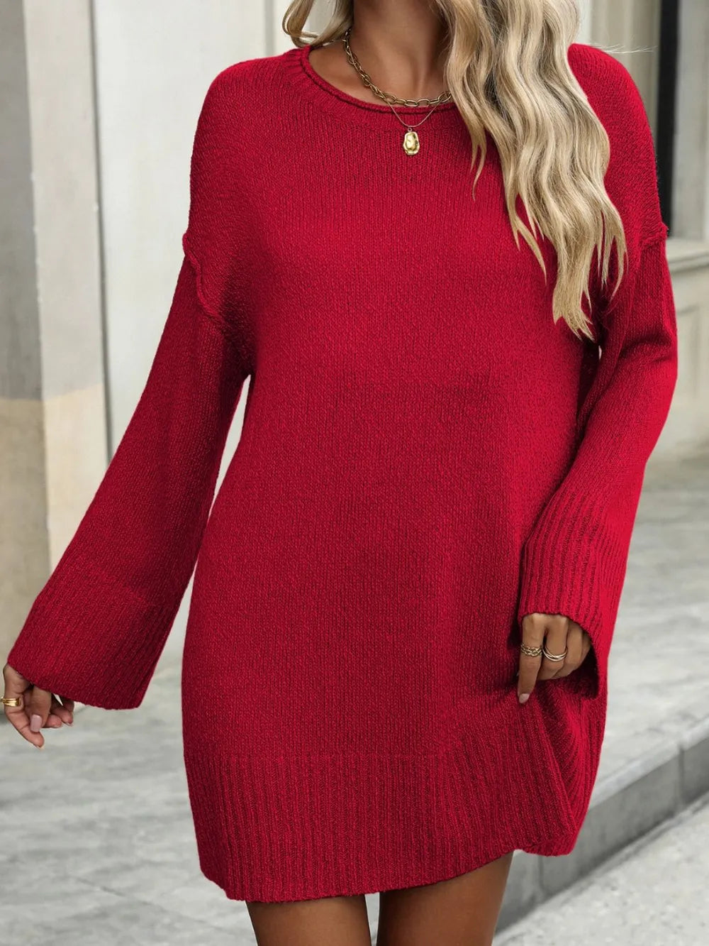 Round Neck Dropped Shoulder Sweater OutfitFlow