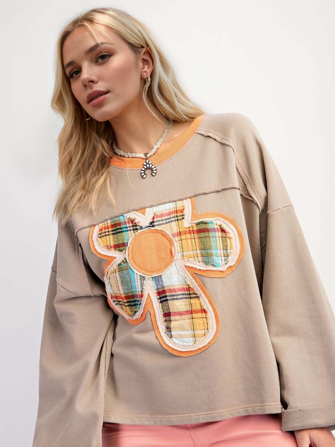 Outfit Flow - Flower Patch Plaid Round Neck Long Sleeve T-Shirt