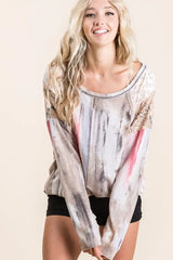 BiBi Tie Dye Knit Top with Print Block Shoulder OutfitFlow
