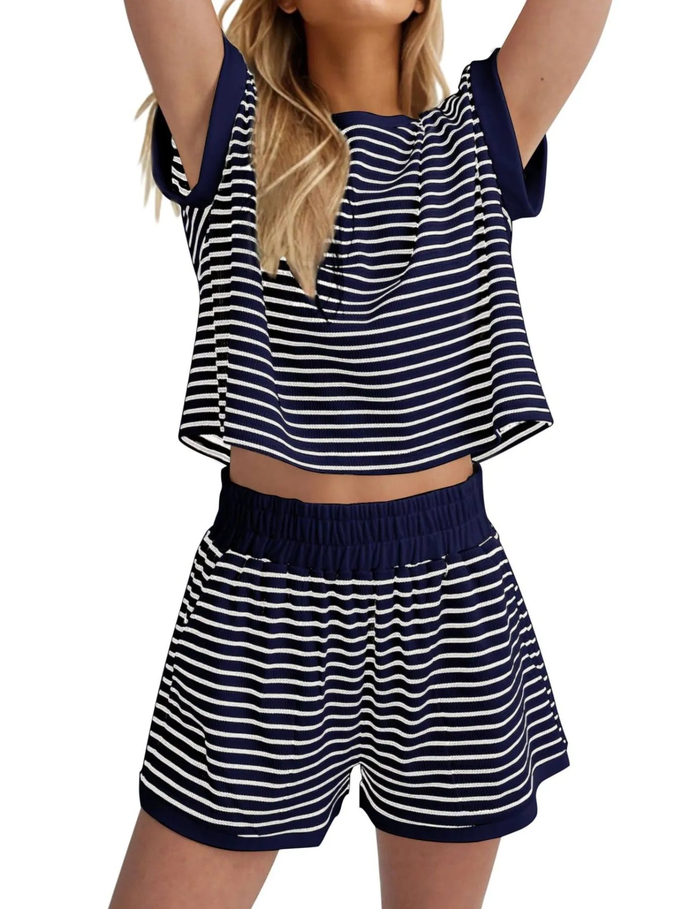 Full Size Contrast Striped T-Shirt and Shorts Set Plus Size OutfitFlow