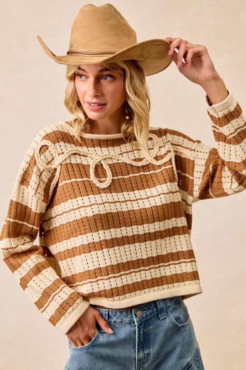 BiBi Striped Open Knit Sweater Top with Front Braided Detail OutfitFlow