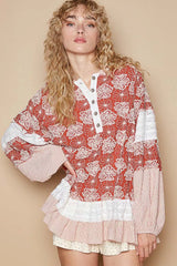 POL Ruffled Hem Floral Pattern Balloon Sleeve Hoodie Trendsi
