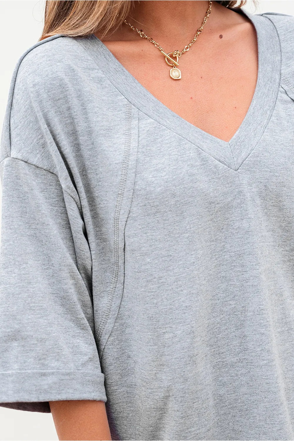 High Raglan Half Sleeve V Neck Oversized T Shirt OutfitFlow