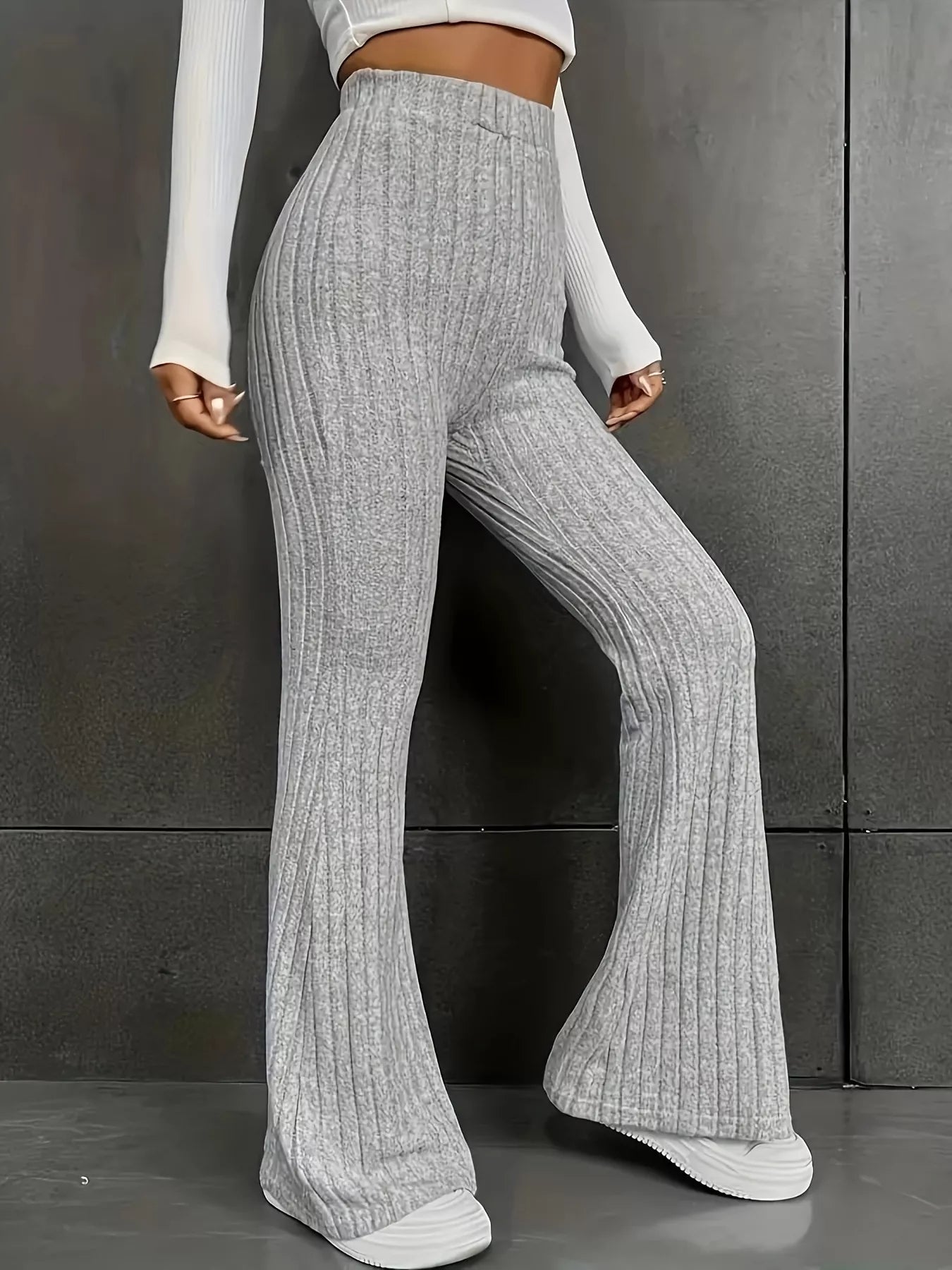 Plus Size Ribbed Knit High Waist Flare Pants OutfitFlow