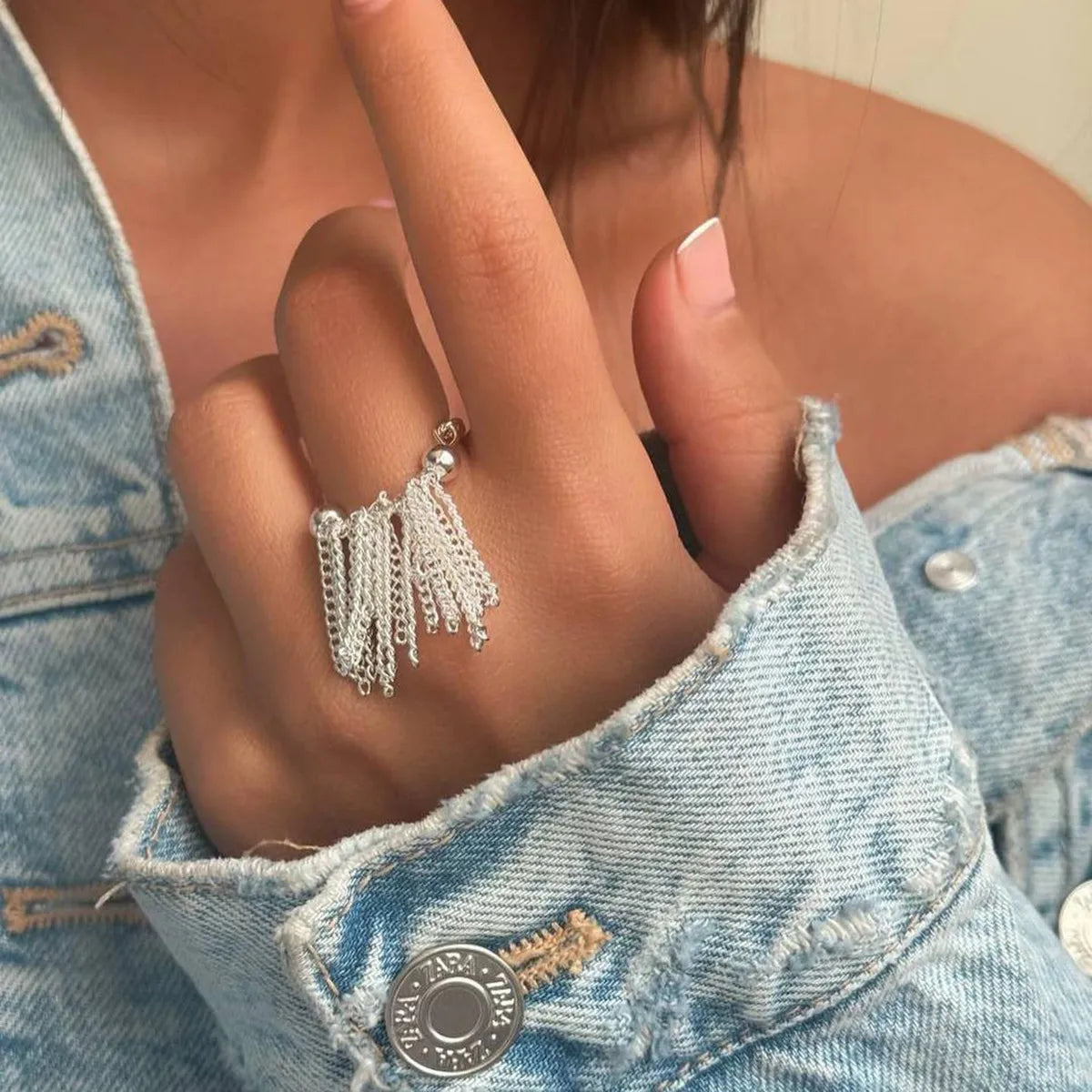 Stainless Steel Tassel Chain Dangle Ring Gold One Size OutfitFlow