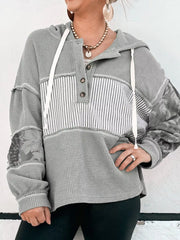Waffle Knit Striped Drawstring Hoodie OutfitFlow