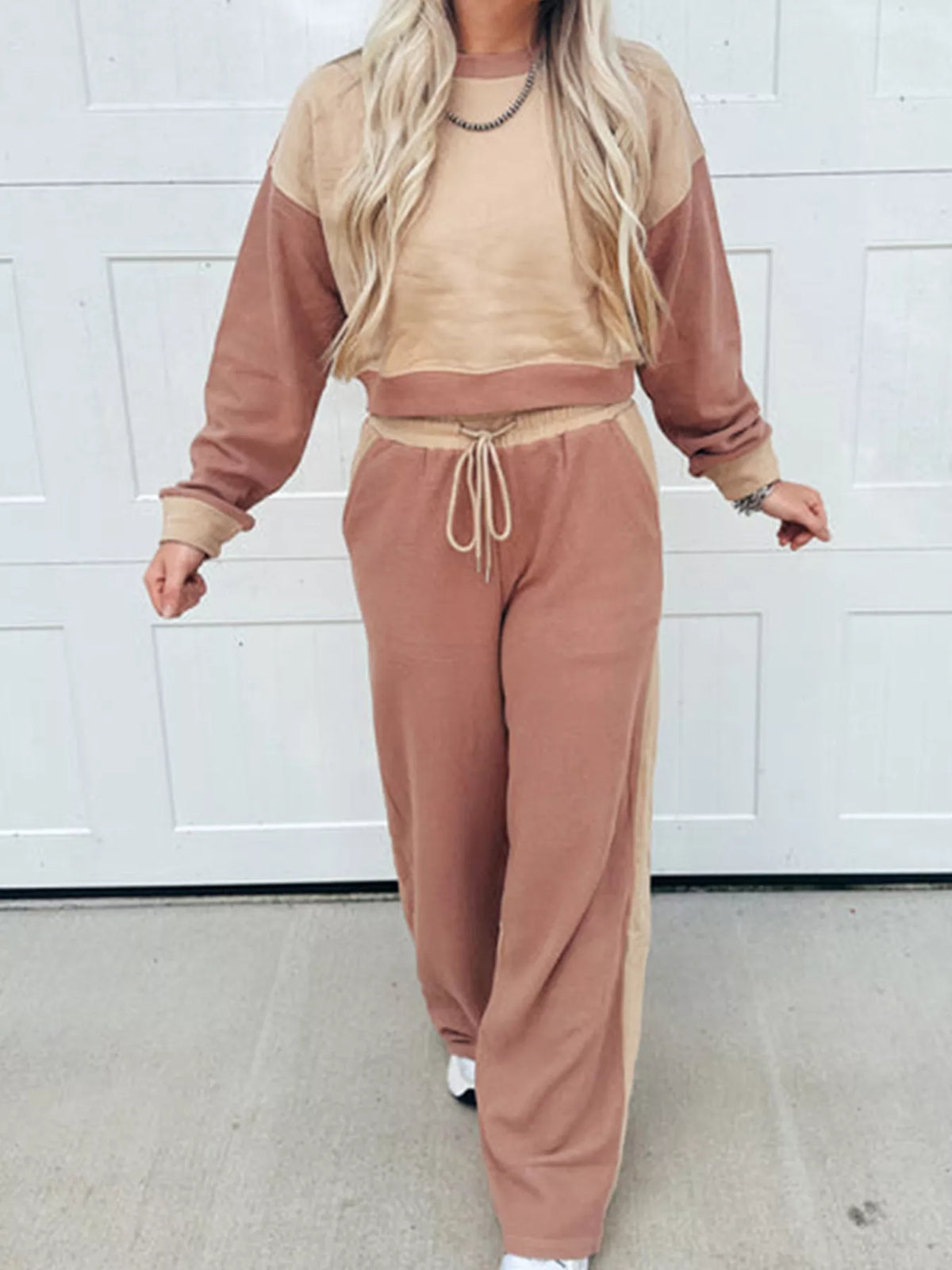 Color Block Long Sleeve Crop Top Drawstring Pant Set Caramel OutfitFlow