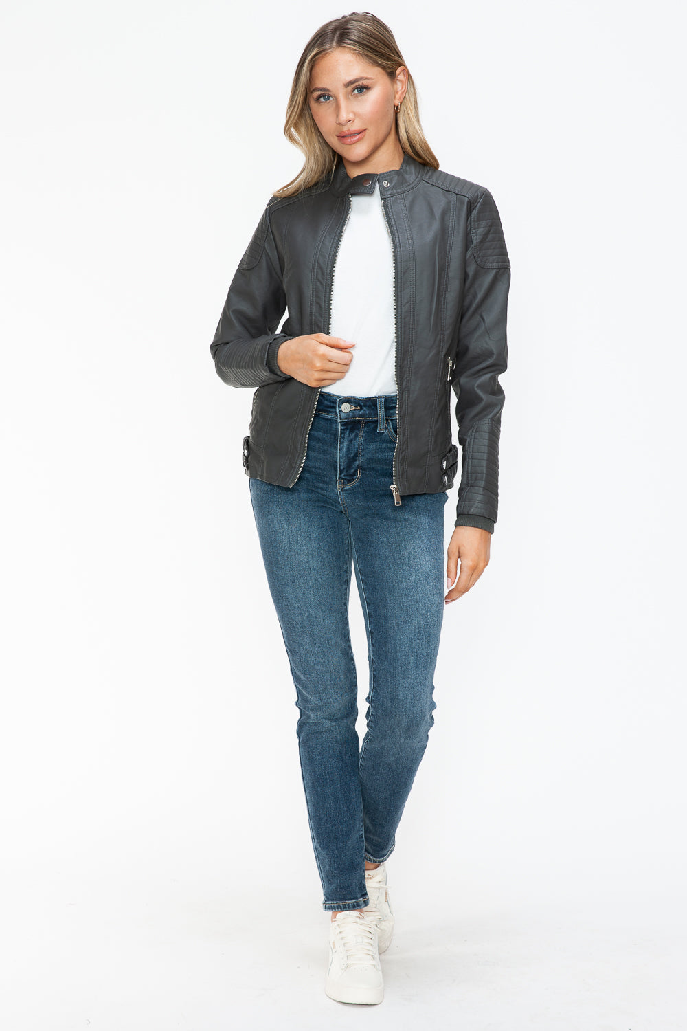 Outfit Flow - Snobbish Faux Leather Biker Jacket with Side Zip Pockets