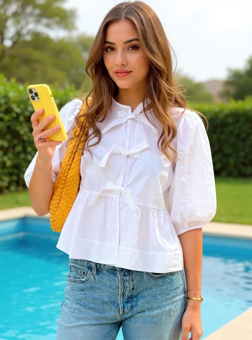 Puff Sleeve Bow Tie Blouse White OutfitFlow