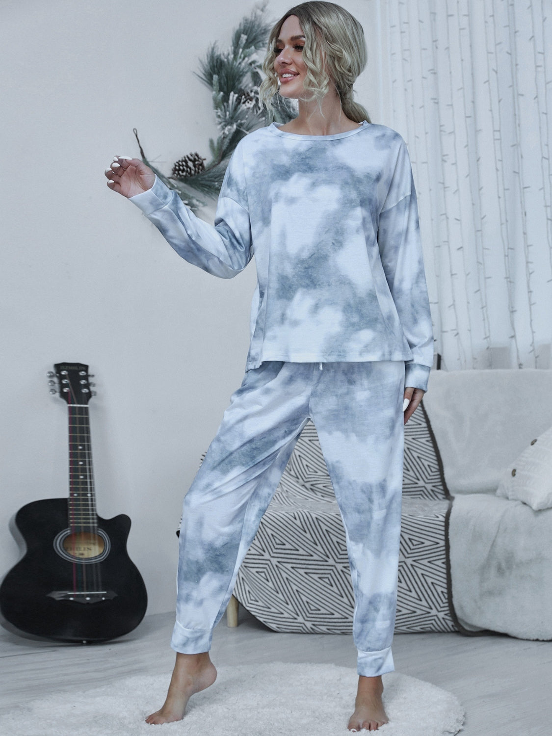 Outfit Flow - Shiny Tie-dye Round Neck Top and Drawstring Pants Lounge Set