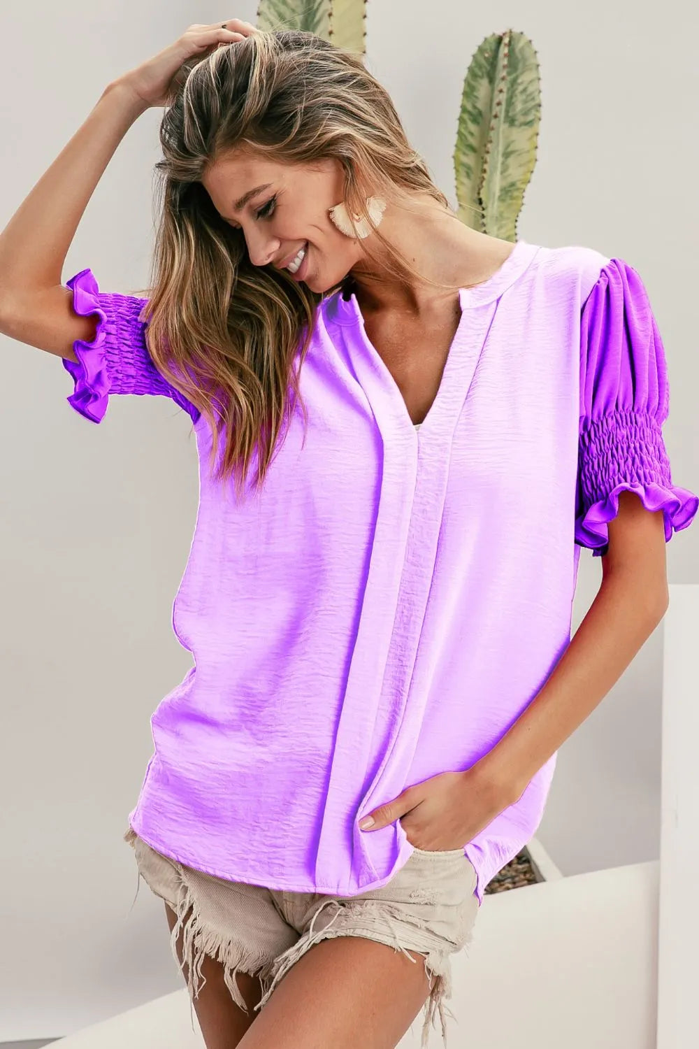 BiBi Air Flow Color Block Puff Sleeves V Neck Top LILAC DUSTY LAVENDER OutfitFlow