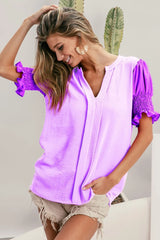 BiBi Air Flow Color Block Puff Sleeves V Neck Top LILAC DUSTY LAVENDER OutfitFlow