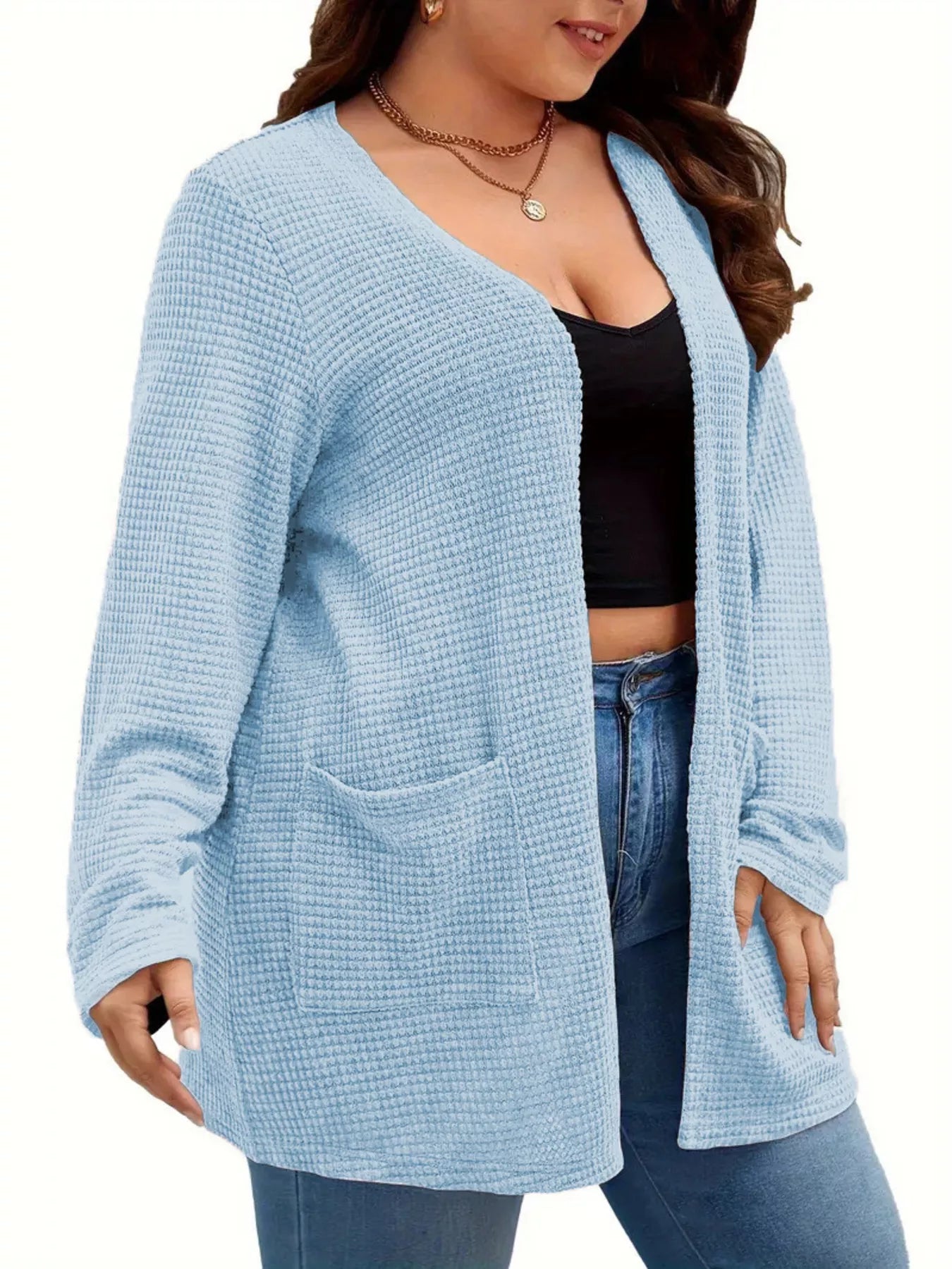 Plus Size Open Front Long Sleeve Knit Cardigan OutfitFlow