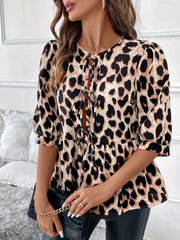 Tied Leopard Round Neck Half Sleeve Blouse OutfitFlow