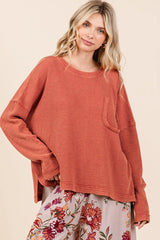Mittoshop Mineral Wash Cutout Pocket Long Sleeve Waffle Top OutfitFlow