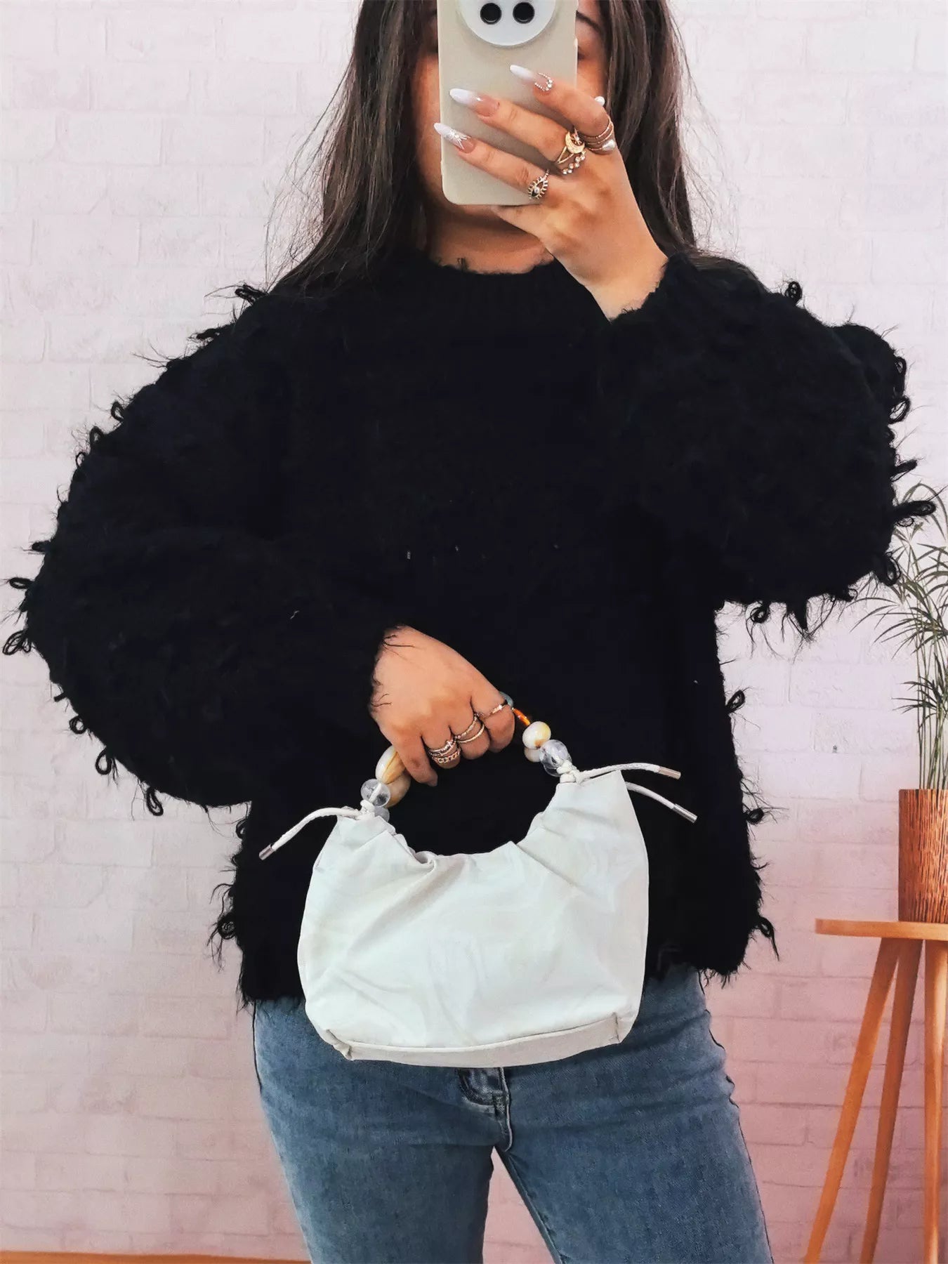 Chunky Round Neck Long Sleeve Sweater Black One Size OutfitFlow