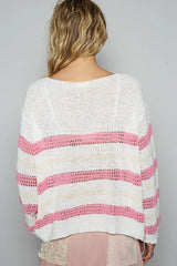 POL Striped Openwork Round Neck Knit Top Trendsi