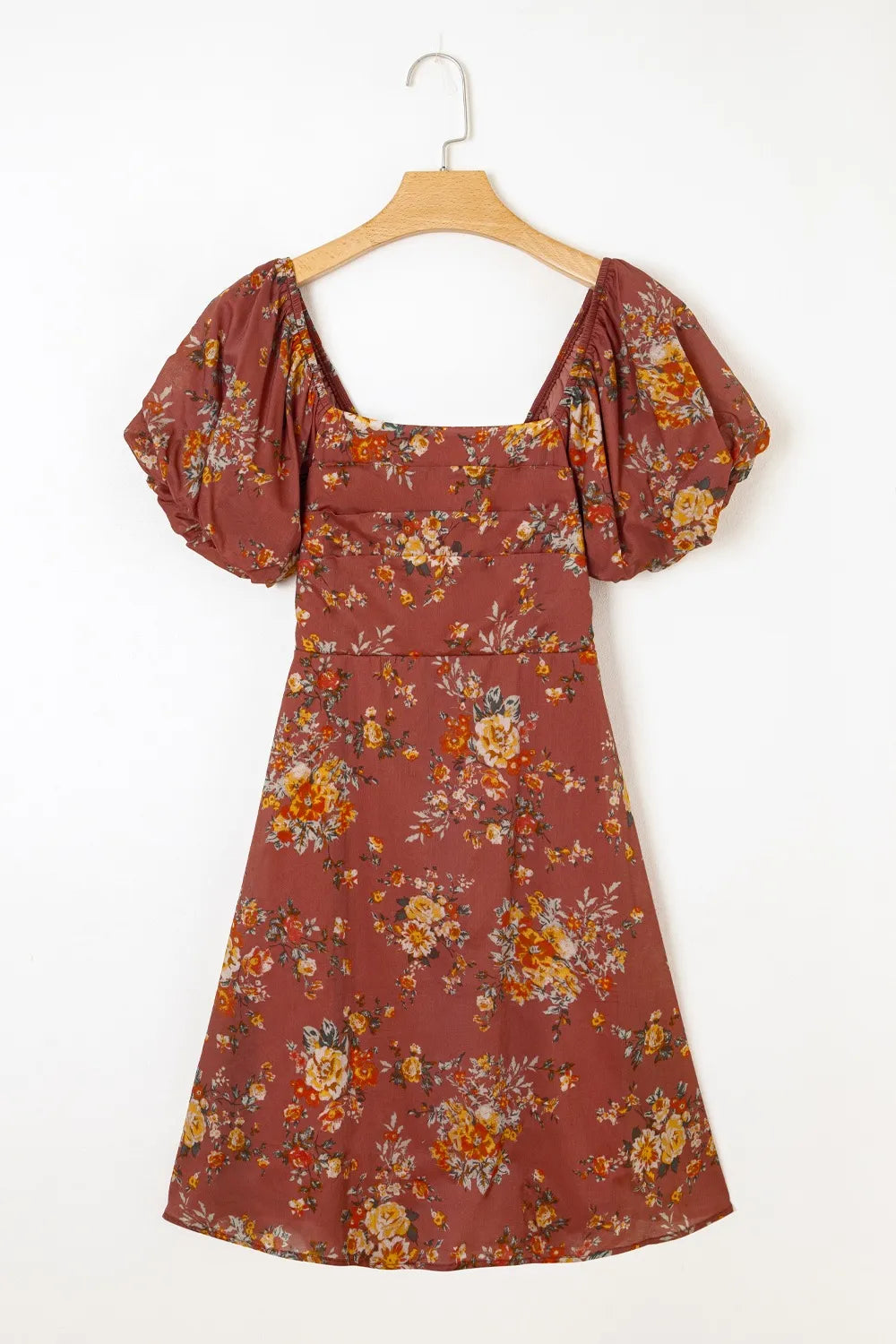 Floral Puff Sleeve Square Neck Knot Open Back Mini Dress OutfitFlow