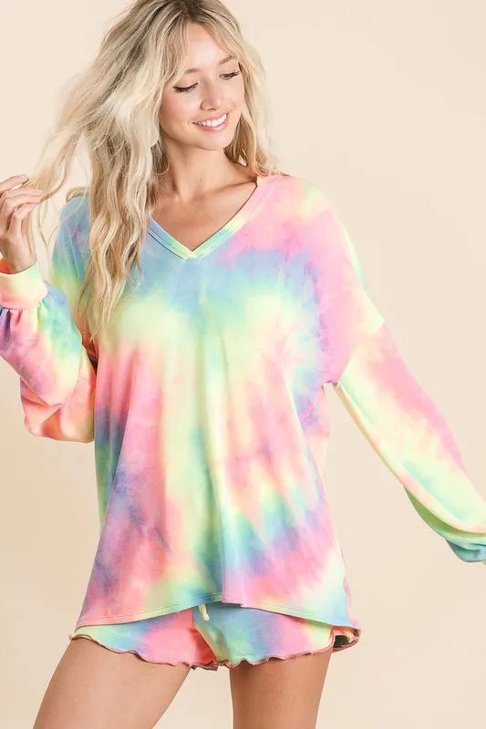 BiBi Tie Dye French Terry Top With Balloon Sleeves OutfitFlow