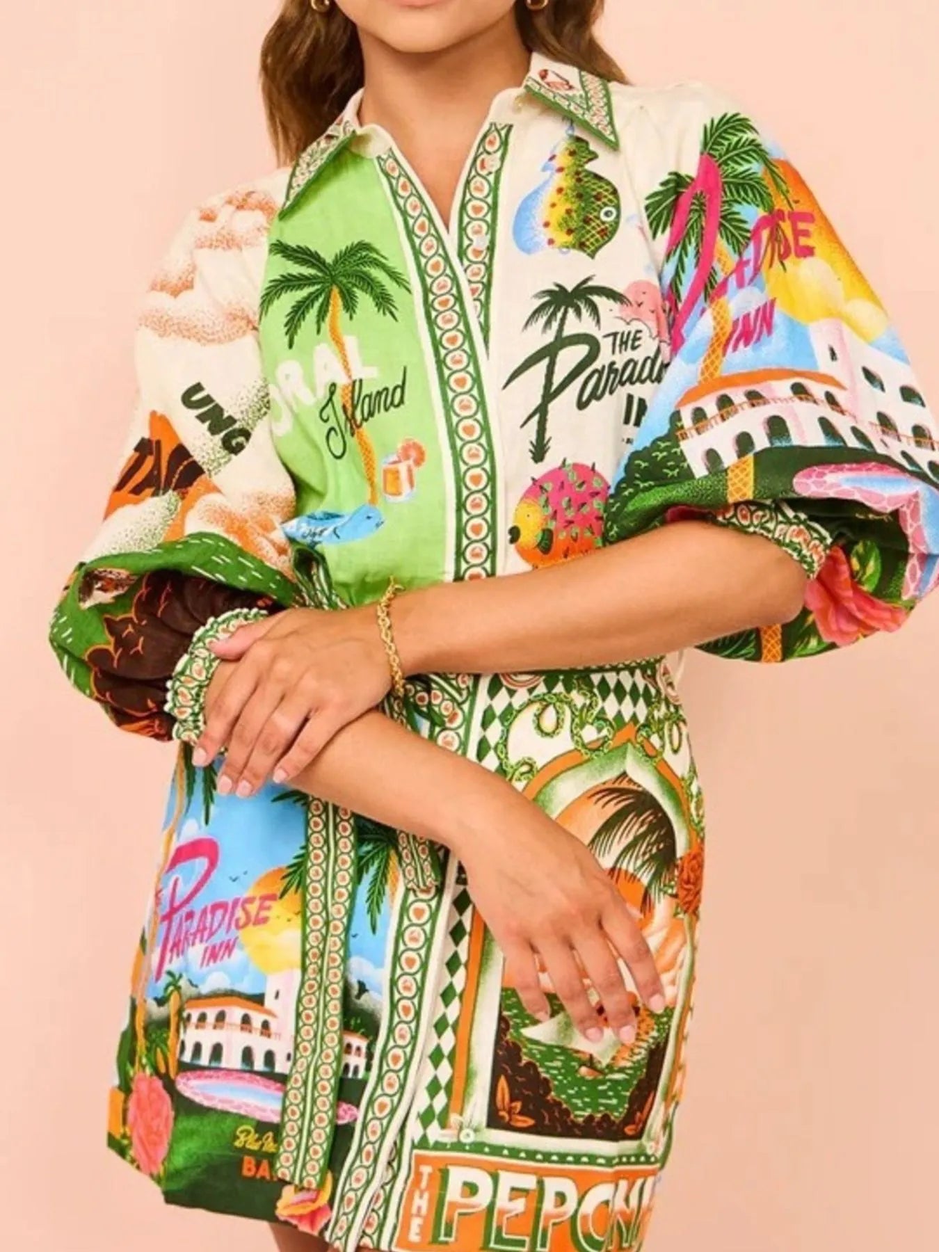 Tropical Print Button Up Shirt Dress OutfitFlow